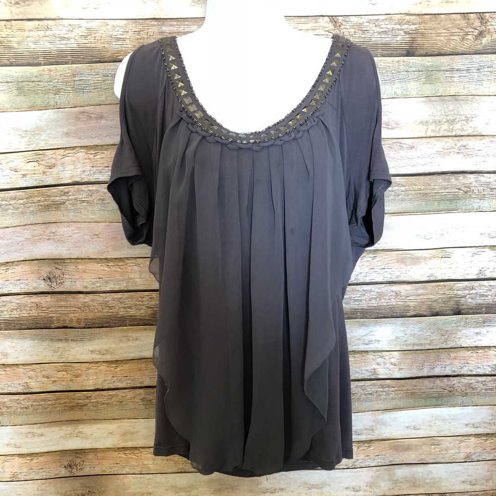 Blue Velvet Grey Embellished Cold Shoulder Top